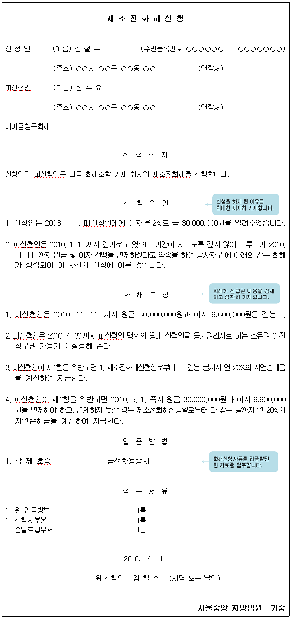 제소전화해 신청서 예시방법으로 신청인 및 피신청인, 신청취지, 신청원인, 화해조항, 입증방법 등을 작성하여 기재하여야 합니다.